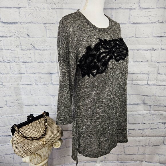 NWT Maurices Sz S Marled Black Velvet Lace 3/4 Sleeve Lightweight Knit Tunic Top - Picture 5 of 10